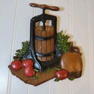 Vintage 1978 HOMCO Metal Wall Decor Plaque Apple Press Cider Jar Rustic Country